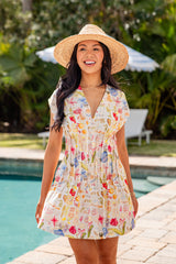 Villa Bloom Cream Printed Pleated Mini Dress