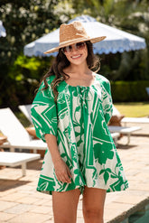 Palm Escape Printed Puff Sleeve Green Romper