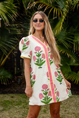 Petal Pop Trim Floral Button Front Ivory Mini Dress