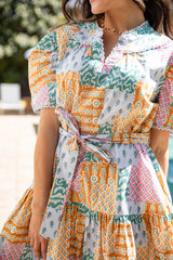 Market Stroll Patchwork Print Light Blue Mini Dress