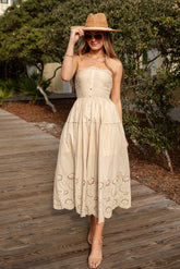 Sandy Secrets Eyelet Taupe Maxi Dress