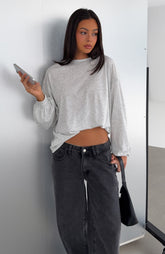 Comfy Girl Oversized Long Sleeve Tee Light Grey Marle