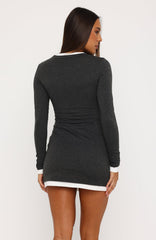 Gentle Obsession Long Sleeve Mini Dress Charcoal/White