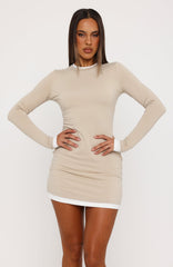 Gentle Obsession Long Sleeve Mini Dress Mocha/White