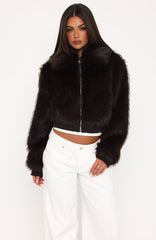 Glacial Chic Faux Fur Bomber Jacket Chocolate