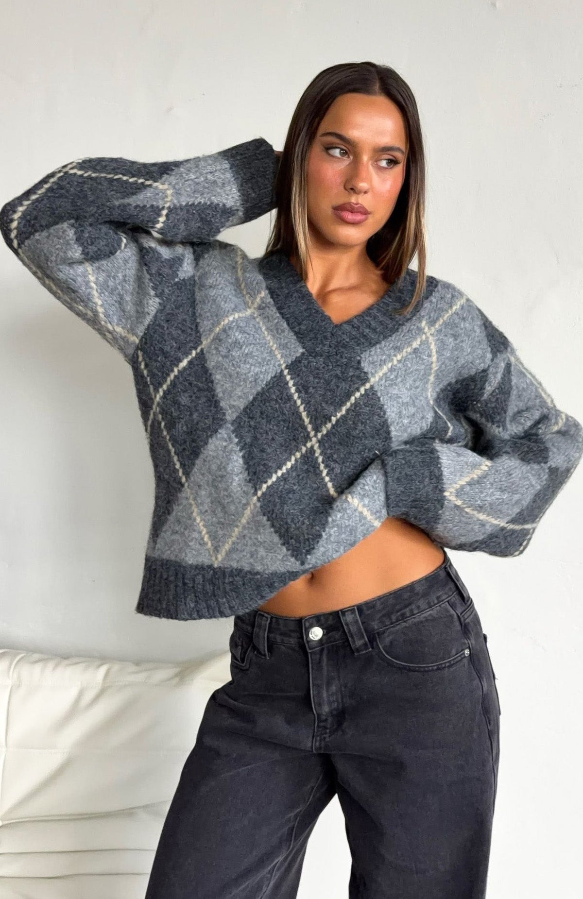 Daniela Argyle Knit Sweater Charcoal