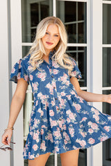 In The Air Floral Denim Tiered Mini Dress