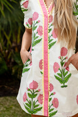 Petal Pop Trim Floral Button Front Ivory Mini Dress