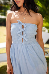 Thinking Of You Light Blue Bow Detail Smocked Midi Dress